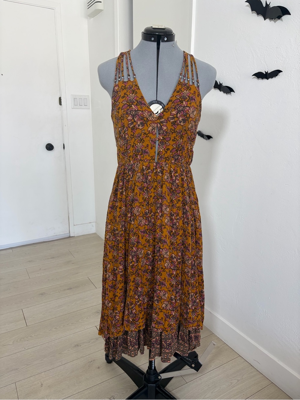 American Rag Mustard Floral Midi Dress with Braided Straps